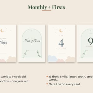May include: A set of milestone cards titled Monthly + Firsts, featuring cream-colored cards with arch designs, moon and star icons, and soft-toned clouds. Text includes My First Steps, My First Taste of Food, and age markers like 4 and 9 months old.