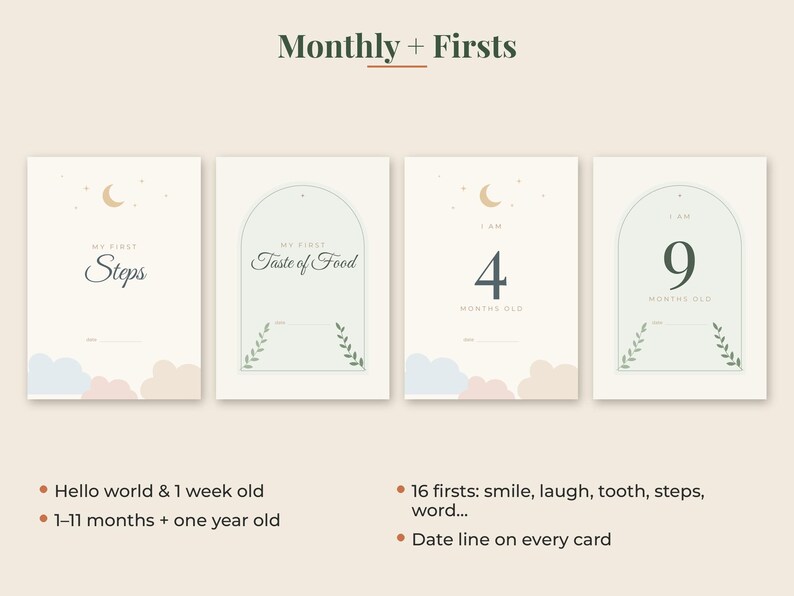 May include: A set of milestone cards titled Monthly + Firsts, featuring cream-colored cards with arch designs, moon and star icons, and soft-toned clouds. Text includes My First Steps, My First Taste of Food, and age markers like 4 and 9 months old.