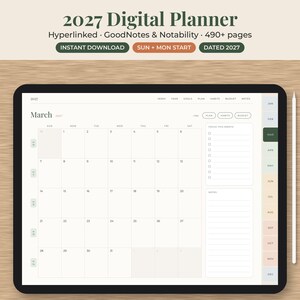 Puede incluir: Una agenda digital para 2027 en una pantalla de tableta, que muestra el calendario de marzo con una lista de tareas mensuales y una secci&oacute;n de notas. La interfaz incluye pesta&ntilde;as laterales para los meses, enlaces de navegaci&oacute;n y un l&aacute;piz &oacute;ptico.