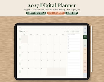 2027 Digital Planner, Hyperlinked GoodNotes Notability, Minimalist Daily Weekly Monthly