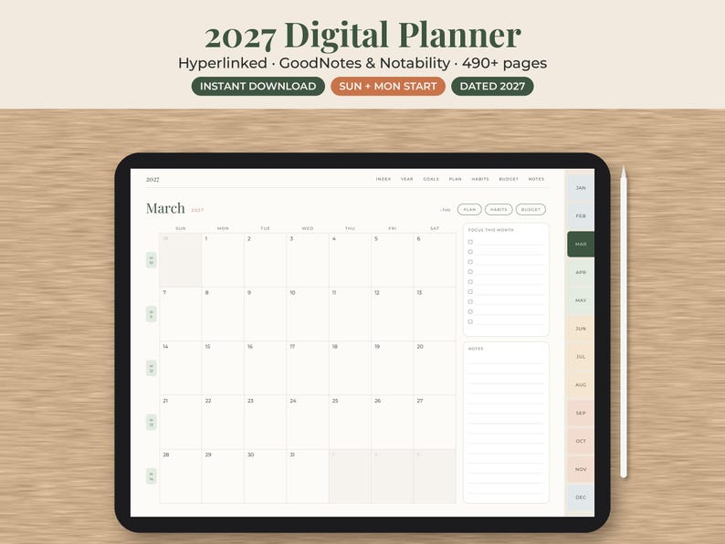 Puede incluir: Una agenda digital para 2027 en una pantalla de tableta, que muestra el calendario de marzo con una lista de tareas mensuales y una secci&oacute;n de notas. La interfaz incluye pesta&ntilde;as laterales para los meses, enlaces de navegaci&oacute;n y un l&aacute;piz &oacute;ptico.