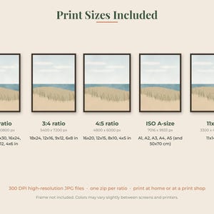 May include: A digital art print guide titled Print Sizes Included, displaying five framed landscape illustrations of a beach with sand dunes and blue water. The text lists various aspect ratios, pixel dimensions, and imperial sizes in inches.