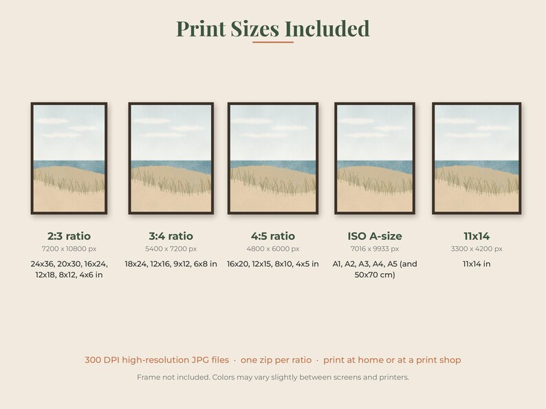 May include: A digital art print guide titled Print Sizes Included, displaying five framed landscape illustrations of a beach with sand dunes and blue water. The text lists various aspect ratios, pixel dimensions, and imperial sizes in inches.