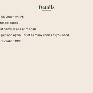 May include: A digital document titled Details listing specifications: Sizes US Letter, A4, A5; 16 printable pages; print at home or at a print shop; use again and again by printing as many copies as needed; and high-resolution PDF format.