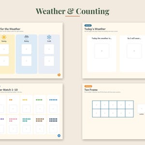 May include: Educational activity sheets titled Weather & Counting featuring four pages. Pages include Dress for the Weather, Today's Weather, Number Match 1-10, and Ten Frame. The layout uses soft colors, clear headings, and blank boxes for writing.