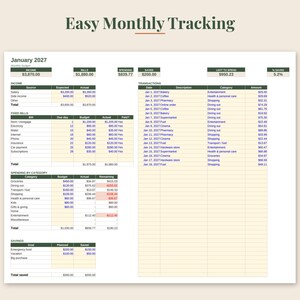 May include: A digital monthly budget tracker spreadsheet titled Easy Monthly Tracking for January 2027. The layout includes sections for income, fixed bills, spending by category, savings, and a detailed transaction log with columns for date, description, category, and amount.