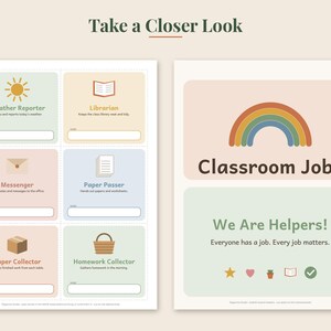 May include: A set of printable classroom job charts featuring a rainbow graphic and the text Classroom Jobs, We Are Helpers, and individual roles like Weather Reporter, Librarian, Messenger, Paper Passer, Paper Collector, and Homework Collector.