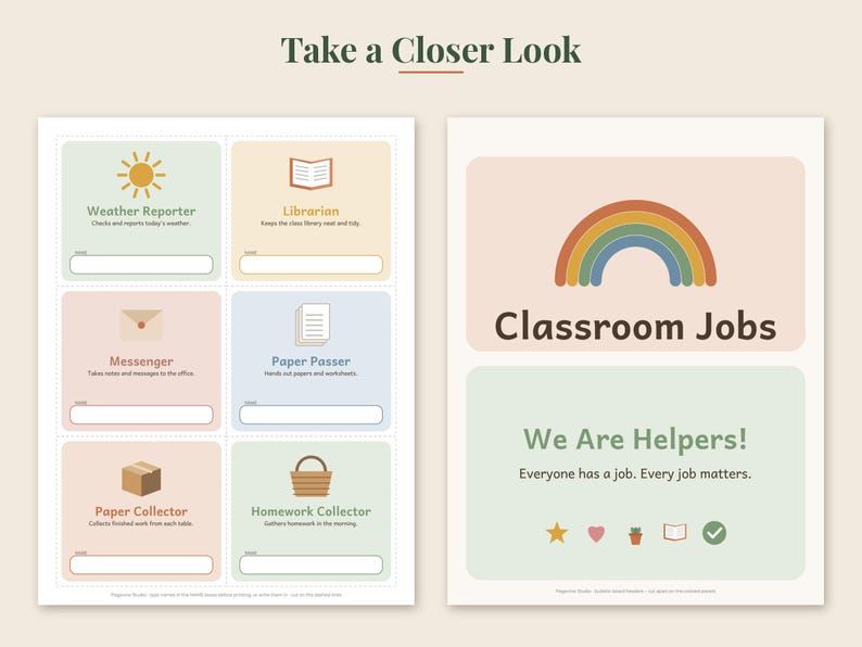 May include: A set of printable classroom job charts featuring a rainbow graphic and the text Classroom Jobs, We Are Helpers, and individual roles like Weather Reporter, Librarian, Messenger, Paper Passer, Paper Collector, and Homework Collector.