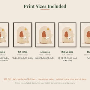 May include: A digital art print guide titled Print Sizes Included, displaying five identical framed illustrations of a person reading under an archway. It lists ratios 2:3, 3:4, 4:5, ISO A-size, and 11x14 with corresponding pixel and inch dimensions.