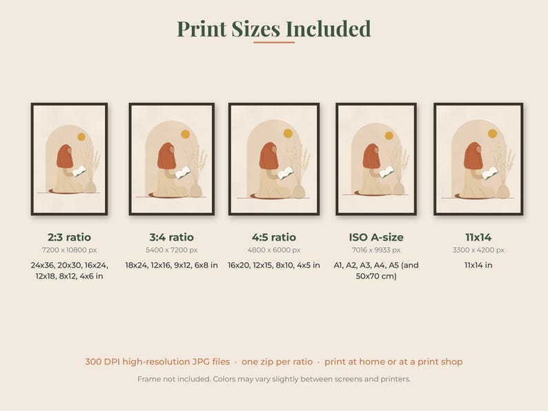 May include: A digital art print guide titled Print Sizes Included, displaying five identical framed illustrations of a person reading under an archway. It lists ratios 2:3, 3:4, 4:5, ISO A-size, and 11x14 with corresponding pixel and inch dimensions.
