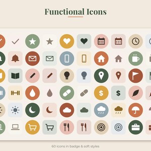 May include: A collection of 60 functional icons displayed in badge and soft styles, featuring symbols like checkmarks, stars, hearts, calendars, clocks, bells, envelopes, phones, houses, mugs, books, pencils, lightbulbs, maps, flags, and more.