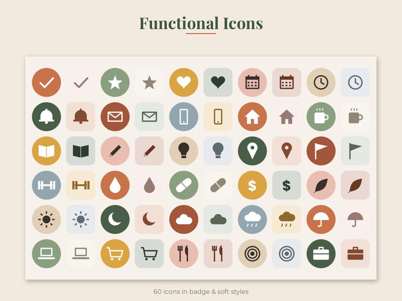 May include: A collection of 60 functional icons displayed in badge and soft styles, featuring symbols like checkmarks, stars, hearts, calendars, clocks, bells, envelopes, phones, houses, mugs, books, pencils, lightbulbs, maps, flags, and more.