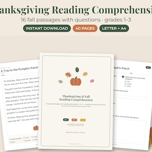 May include: A digital educational resource titled Thanksgiving Reading Comprehension featuring 16 fall passages for grades 1-3. The set includes 40 pages in Letter and A4 formats, with worksheets displaying text, multiple-choice questions, and pumpkin illustrations.