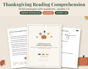 Thanksgiving Reading Comprehension Passages, 1st 2nd 3rd Grade Fall Worksheets, November Homeschool Printable