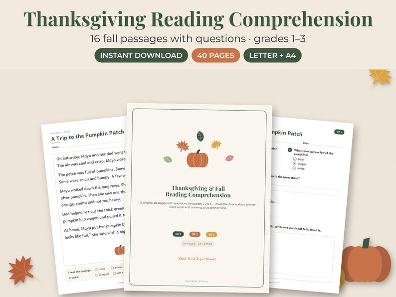 May include: A digital educational resource titled Thanksgiving Reading Comprehension featuring 16 fall passages for grades 1-3. The set includes 40 pages in Letter and A4 formats, with worksheets displaying text, multiple-choice questions, and pumpkin illustrations.