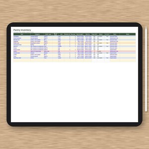 May include: A digital tablet displaying a pantry inventory spreadsheet with columns for item, category, shelf, unit, quantity, date bought, and status. The screen features a white background with blue and orange rows. A white stylus rests beside the tablet.