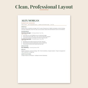 May include: A resume template titled Clean, Professional Layout featuring the name Alex Morgan, Marketing Manager, with sections for Profile, Experience, Education, Skills, and Certifications printed in black text on a white background.