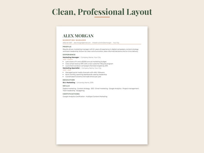 May include: A resume template titled Clean, Professional Layout featuring the name Alex Morgan, Marketing Manager, with sections for Profile, Experience, Education, Skills, and Certifications printed in black text on a white background.