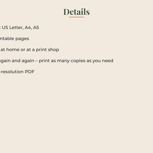 May include: A digital document titled Details listing specifications: Sizes US Letter, A4, A5; 12 printable pages; print at home or at a print shop; use again and again by printing as many copies as needed; and high-resolution PDF format.