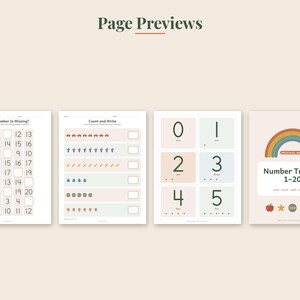 May include: Four educational worksheets for children featuring number tracing and counting exercises. The pages include a 'What Number Is Missing?' grid, a 'Count and Write' activity, a number tracing sheet for 0-5, and a 'Number Tracing 1-20' cover page.