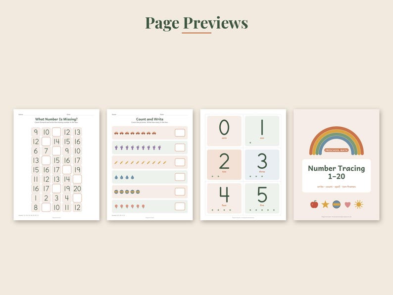 May include: Four educational worksheets for children featuring number tracing and counting exercises. The pages include a 'What Number Is Missing?' grid, a 'Count and Write' activity, a number tracing sheet for 0-5, and a 'Number Tracing 1-20' cover page.