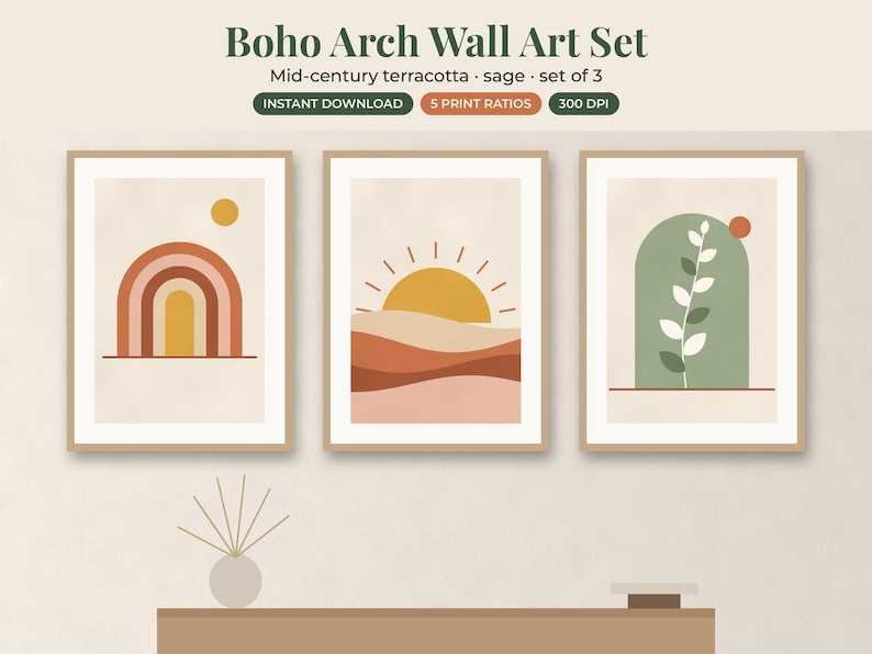 May include: A set of three wall art prints featuring abstract designs in terracotta, sage, and yellow. The first print shows a rainbow and sun, the second a sun over hills, and the third a plant inside an arch. Text reads Boho Arch Wall Art Set.
