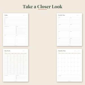May include: Four white planner pages with black text and lines. The pages are titled Today, Weekly Plan, This Week, and Monthly Plan. Each page features structured sections for scheduling, task lists, and notes with a clean, minimalist layout.
