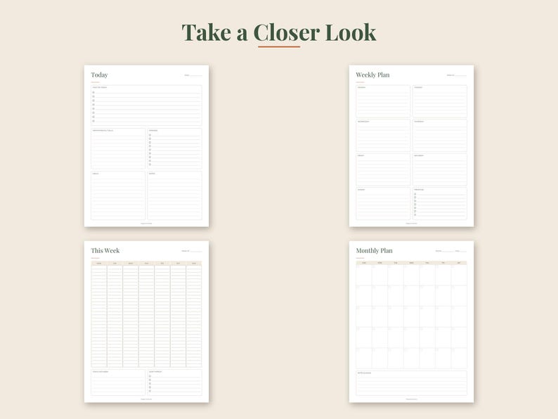 May include: Four white planner pages with black text and lines. The pages are titled Today, Weekly Plan, This Week, and Monthly Plan. Each page features structured sections for scheduling, task lists, and notes with a clean, minimalist layout.