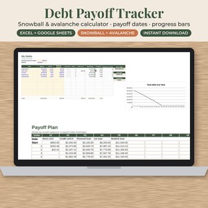 May include: A digital debt payoff tracker displayed on a laptop screen. The interface includes tables for debt details, snowball and avalanche calculators, progress bars, and a line graph titled Total debt over time, with a Payoff Plan section below.