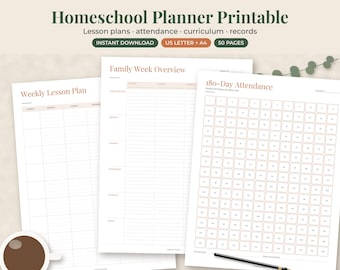 Homeschool Planner Printable, Undated Lesson Planner, Attendance, Curriculum, Reading Log
