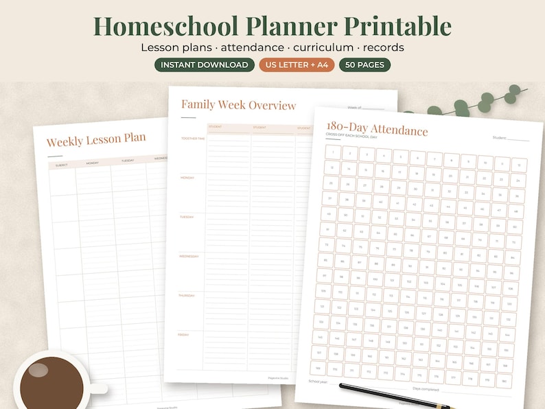 May include: A homeschool planner printable set featuring three white pages with text including Homeschool Planner Printable, Weekly Lesson Plan, Family Week Overview, and 180-Day Attendance. The documents are in US Letter and A4 sizes with 50 pages.