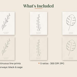 May include: A set of six digital art prints featuring continuous line drawings of an olive branch, eucalyptus, and monstera leaf. The prints are displayed in black and sage colorways with the text What's Included, 3 continuous line prints, and 5 ratios 300 DPI JPG.