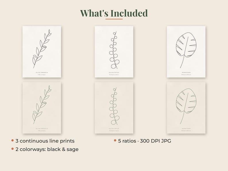 May include: A set of six digital art prints featuring continuous line drawings of an olive branch, eucalyptus, and monstera leaf. The prints are displayed in black and sage colorways with the text What's Included, 3 continuous line prints, and 5 ratios 300 DPI JPG.