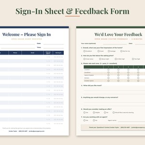 May include: A printable sign-in sheet and feedback form set for open houses. The left document is a guest register with fields for name, phone, email, and agent status. The right document is a visitor feedback form with rating scales and questions.