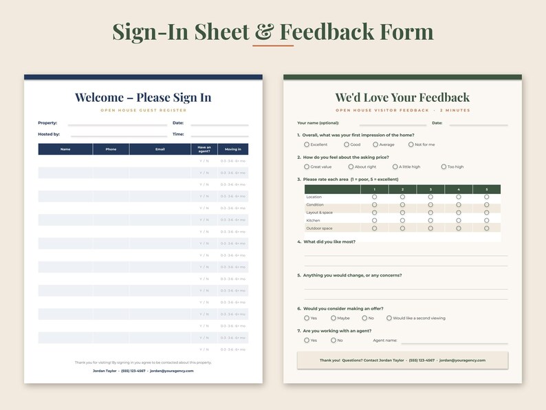 May include: A printable sign-in sheet and feedback form set for open houses. The left document is a guest register with fields for name, phone, email, and agent status. The right document is a visitor feedback form with rating scales and questions.