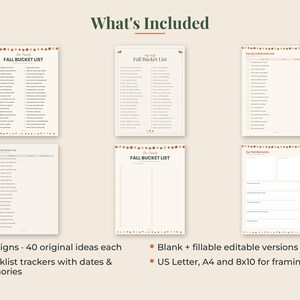 May include: A collection of six printable fall bucket list templates on a light background. The documents feature checklists with text, including titles like Our Family Fall Bucket List, and decorative autumn-themed borders with leaves and pumpkins.