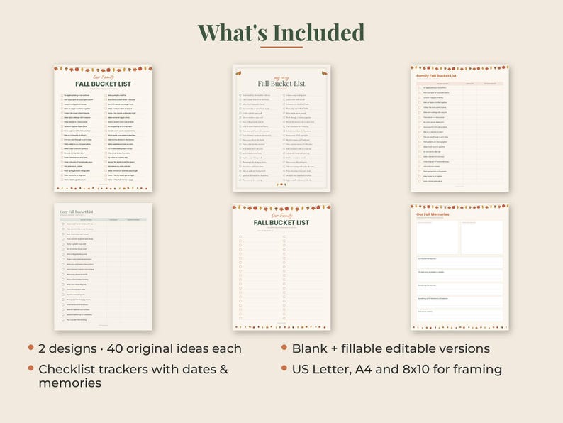 May include: A collection of six printable fall bucket list templates on a light background. The documents feature checklists with text, including titles like Our Family Fall Bucket List, and decorative autumn-themed borders with leaves and pumpkins.