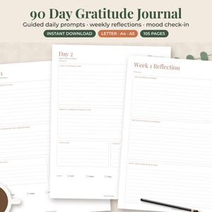 Peut inclure: Un journal de gratitude de 90 jours avec des invites quotidiennes guid&eacute;es, des r&eacute;flexions hebdomadaires et des suivis d'humeur. Les pages imprimables incluent les mises en page Jour 1, Jour 2 et R&eacute;flexion Semaine 1, disponibles en A4 et A5.