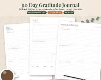 Gratitude Journal Printable, 90 Day Guided Thanksgiving Reflection Pages, Mindfulness A5