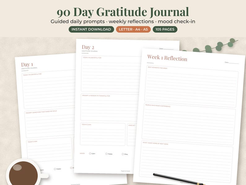 Peut inclure: Un journal de gratitude de 90 jours avec des invites quotidiennes guid&eacute;es, des r&eacute;flexions hebdomadaires et des suivis d'humeur. Les pages imprimables incluent les mises en page Jour 1, Jour 2 et R&eacute;flexion Semaine 1, disponibles en A4 et A5.