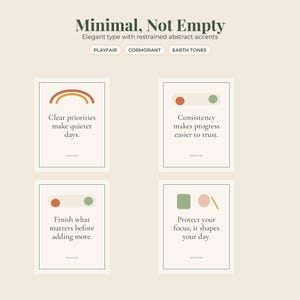 May include: Four rectangular wall art prints with cream backgrounds and dark green text. The prints feature abstract shapes in earth tones and motivational quotes including Clear priorities make quieter days and Consistency makes progress easier to trust.
