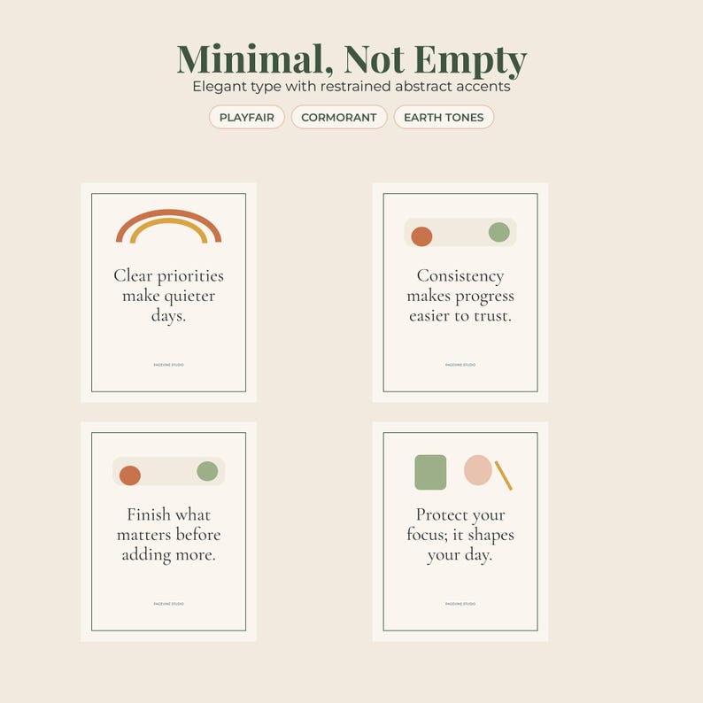 May include: Four rectangular wall art prints with cream backgrounds and dark green text. The prints feature abstract shapes in earth tones and motivational quotes including Clear priorities make quieter days and Consistency makes progress easier to trust.