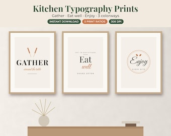 Kitchen Wall Art Set of 3, Gather Eat Enjoy Typography Prints, Farmhouse Decor