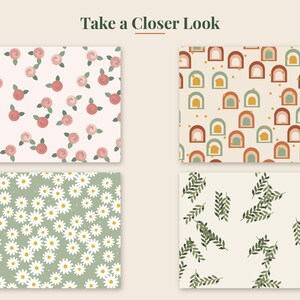 May include: Four square patterns featuring the text Take a Closer Look at the top. The designs include pink roses on white, terracotta and teal arches on cream, white daisies on a sage green background, and green leafy sprigs on a cream background.