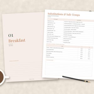 May include: Two printed kitchen reference sheets on a light background. One sheet is titled 01 Breakfast with lined space for notes. The second sheet is titled Substitutions & Safe Temps, featuring a table of ingredients and cooking temperatures.