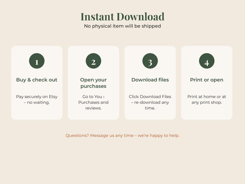 May include: An instructional graphic titled Instant Download with four numbered steps in dark green circles. The steps are: 1. Buy & check out, 2. Open your purchases, 3. Download files, 4. Print or open. Text below includes instructions and a contact note.