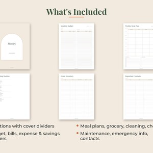 以下が含まれることがあります： Moneyと書かれたアーチデザインのベージュの表紙と、Monthly Budget、Weekly Meal Plan、Cleaning Routine、Home Inventory、Important Contactsというタイトルのテキストリストが記載された5枚の白い内ページで構成されるデジタルプランナーセット。