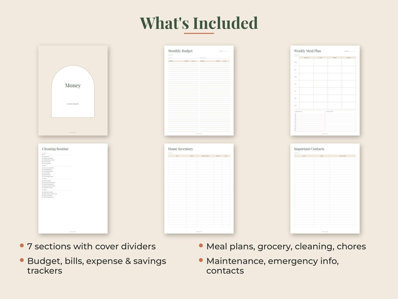 以下が含まれることがあります： Moneyと書かれたアーチデザインのベージュの表紙と、Monthly Budget、Weekly Meal Plan、Cleaning Routine、Home Inventory、Important Contactsというタイトルのテキストリストが記載された5枚の白い内ページで構成されるデジタルプランナーセット。
