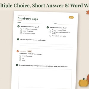 May include: A white educational worksheet titled Cranberry Bogs featuring multiple choice questions about cranberry growth and harvesting, with blank lines for short answers and a box for drawing, decorated with orange and yellow autumn leaf illustrations.