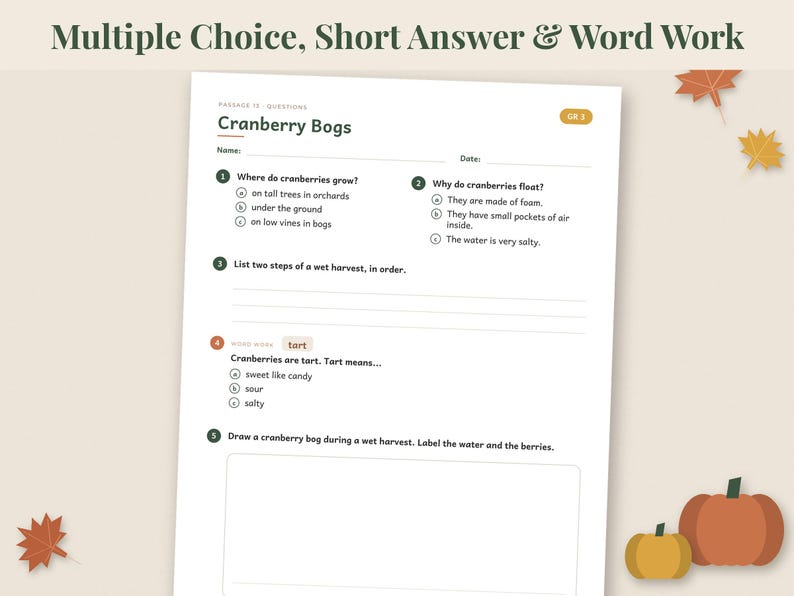 May include: A white educational worksheet titled Cranberry Bogs featuring multiple choice questions about cranberry growth and harvesting, with blank lines for short answers and a box for drawing, decorated with orange and yellow autumn leaf illustrations.